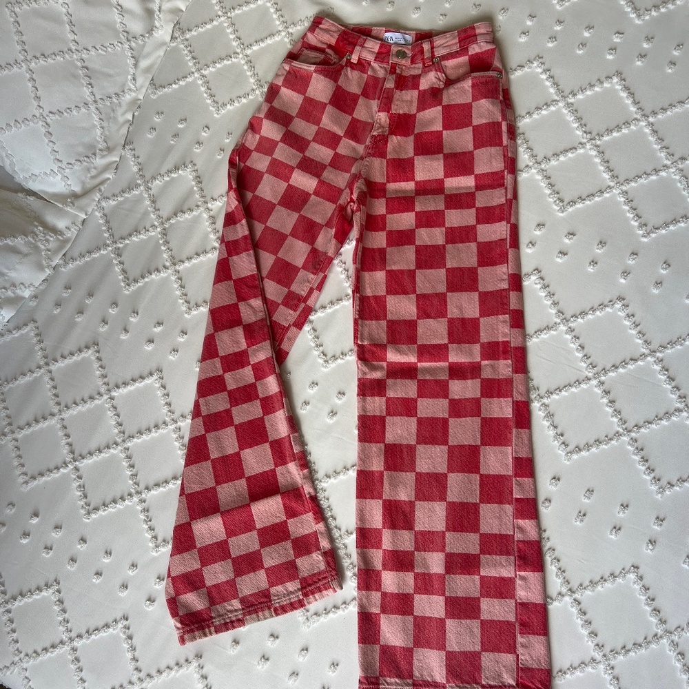 ZARA High Rise Wide Leg Red and Pink Checkered Print SIZE 6